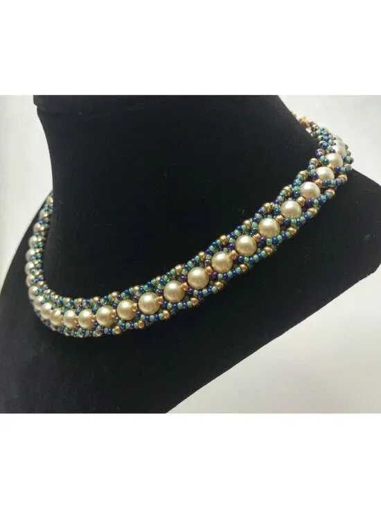 Artisan-Made Necklace Collar Swarovski Crystal Faux Pearls Sterling Silver Clasp - Picture 2 of 7